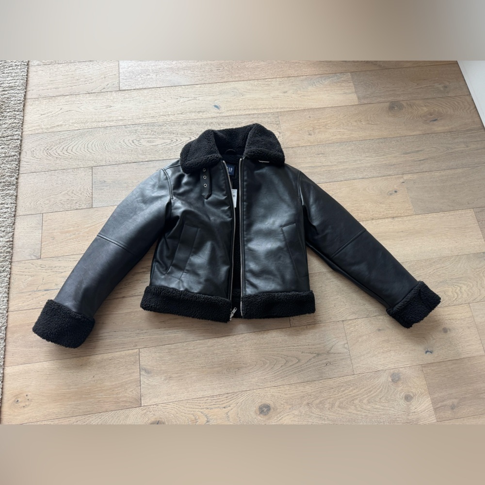 Gap Vegan Leather Sherpa-Trim Jacket Black Xs $168 - Picture 4 of 7